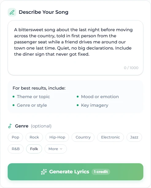 The AI lyrics generator on Suno AI Music with the first example brief typed in and the Folk genre chip selected, ready to generate for 1 credit