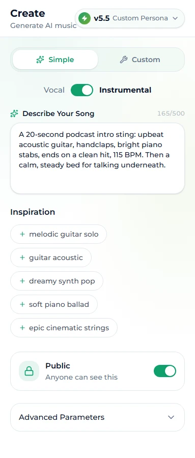 Simple mode on the Suno AI Music create page with the Instrumental switch on and a podcast intro description