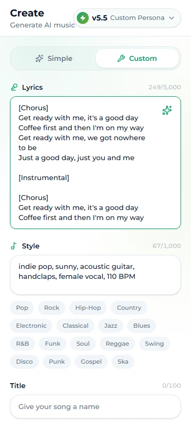 Custom mode on the Suno AI Music create page with a hook-first lyric sheet and a TikTok-ready style prompt