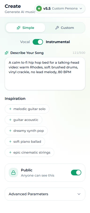 Simple mode on the Suno AI Music create page with the Instrumental switch on and a lo-fi background-bed description