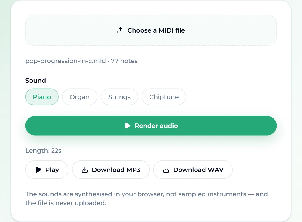 The MIDI to MP3 converter after rendering: pop-progression-in-c.mid with 77 notes, the Piano sound selected, length 22 seconds, and Play, Download MP3 and Download WAV buttons