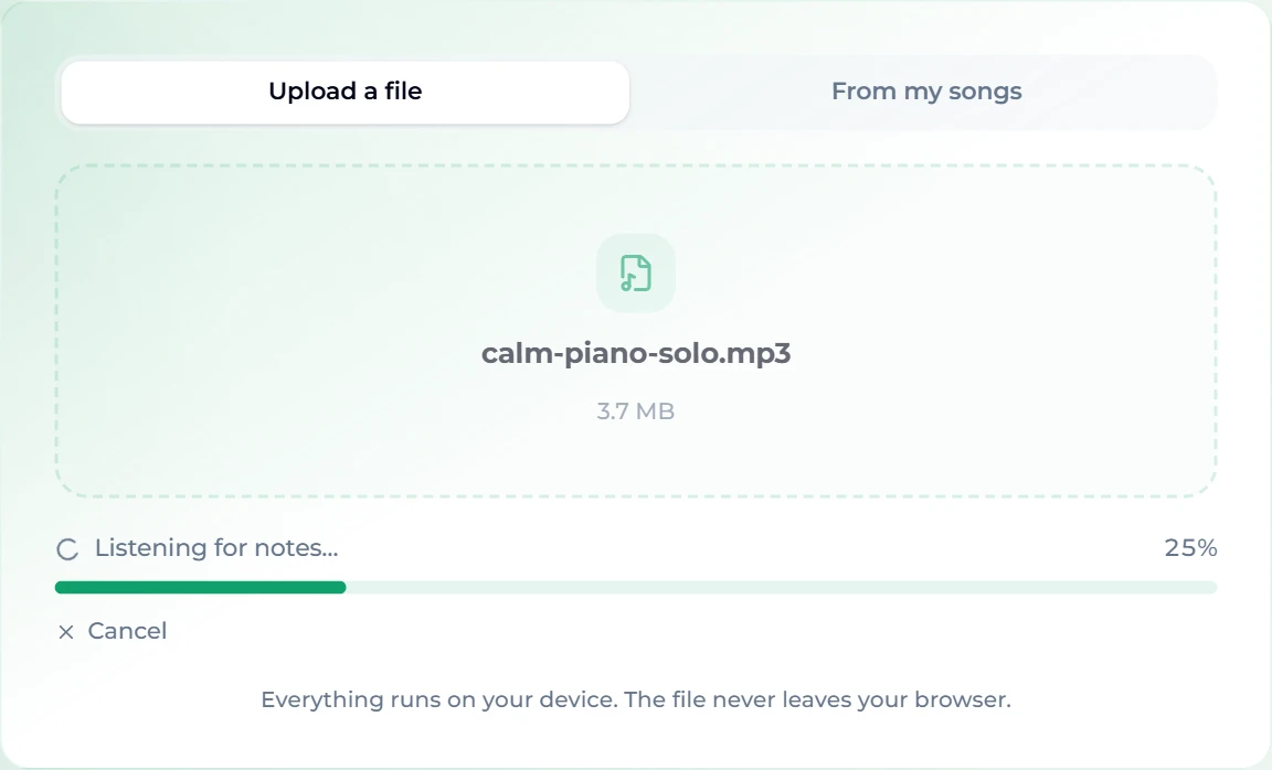 The MP3 to MIDI converter mid-conversion: calm-piano-solo.mp3 loaded, the status line reading "Listening for notes…" at 25%, with a Cancel link and the note that everything runs on your device