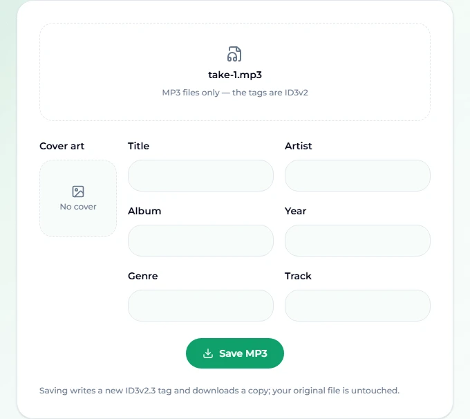 The MP3 tag editor after opening take-1.mp3: the file name is shown at the top, the cover art box reads "No cover", and the Title, Artist, Album, Year, Genre and Track fields are all empty because the file arrived untagged