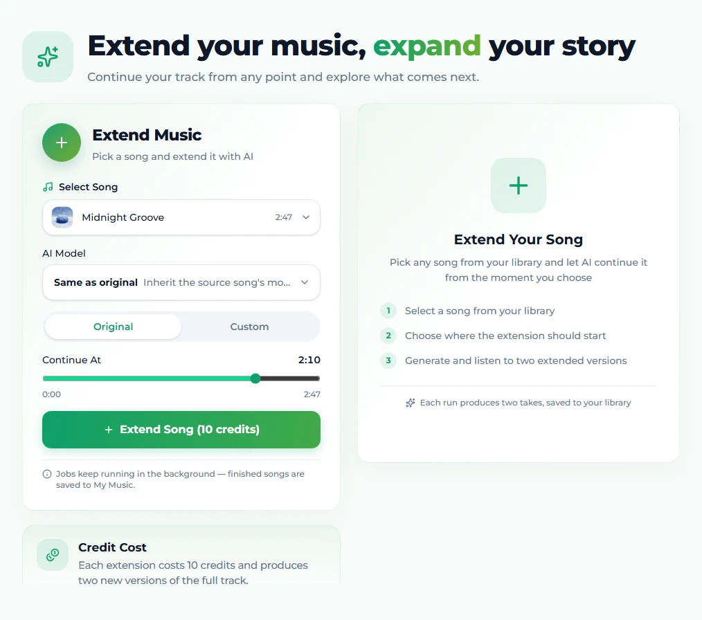 The Extend Song workspace on Suno AI Music: "Midnight Groove" picked from the library, the AI model left on "Same as original", Original mode selected, and the Continue At slider parked at 2:10 of the 2:47 track