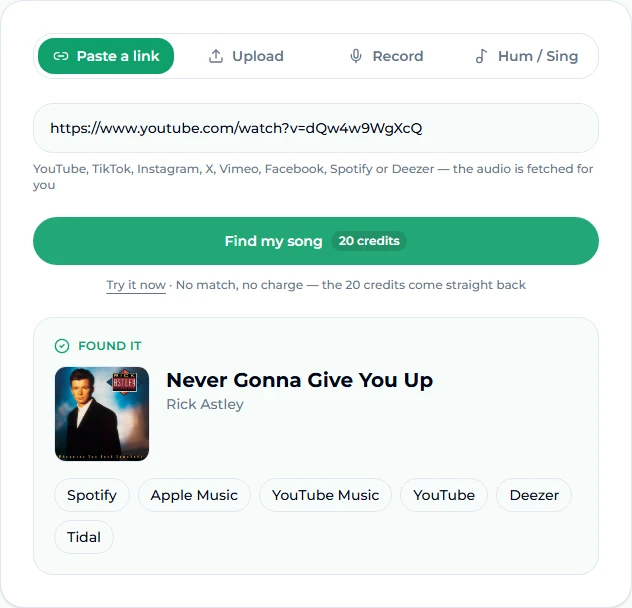 Song Finder on Suno AI Music with a YouTube link pasted into the Paste a link tab; the result card reads Found it, Never Gonna Give You Up by Rick Astley, with cover art and buttons for Spotify, Apple Music, YouTube Music, YouTube, Deezer and Tidal