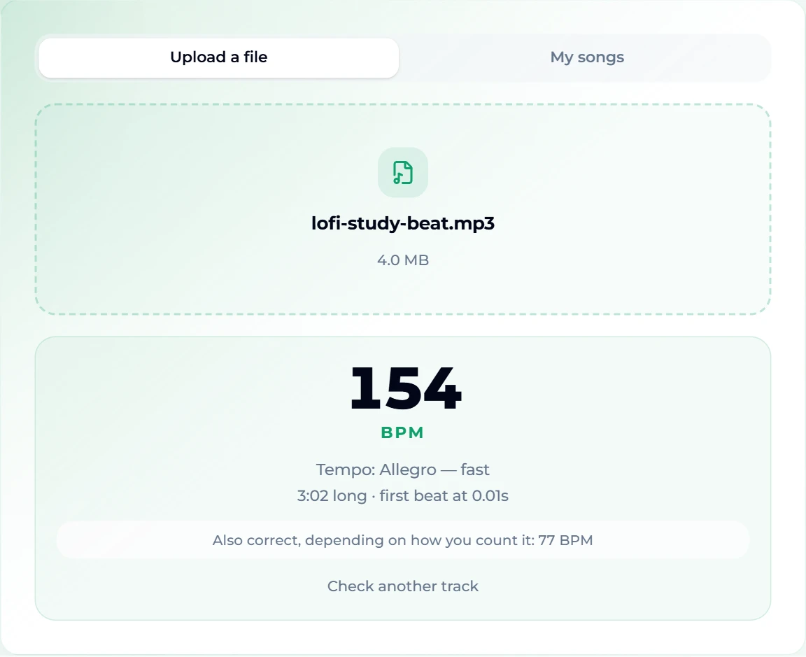 The same BPM finder on lofi-study-beat.mp3: 154 BPM, "Tempo: Allegro — fast", 3:02 long, with "Also correct, depending on how you count it: 77 BPM" underneath