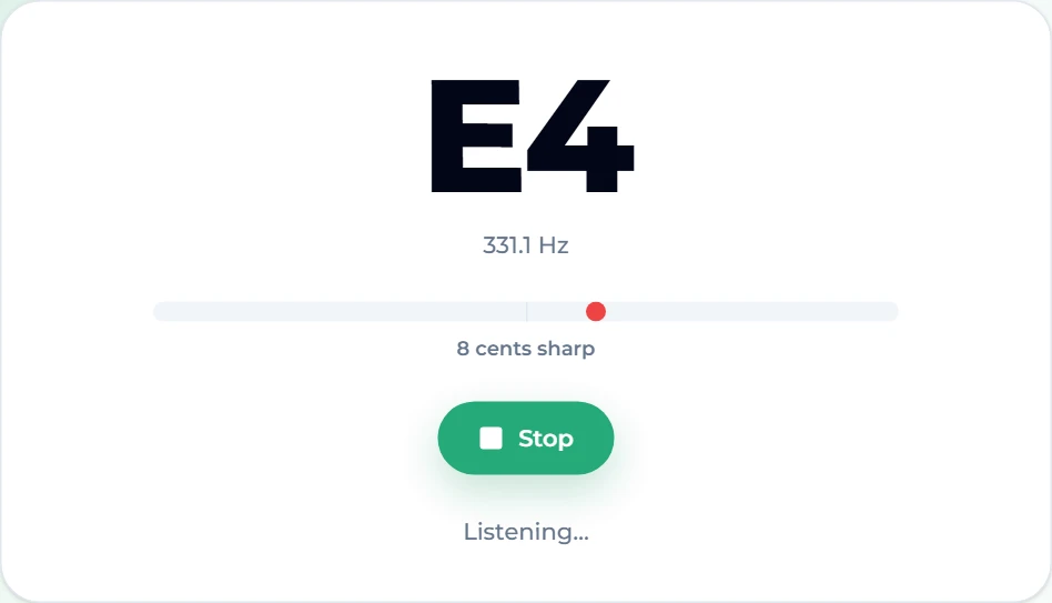 Pitch detector on Suno AI Music showing E4, 331.6 Hz, and a cents meter with the note 11 cents sharp