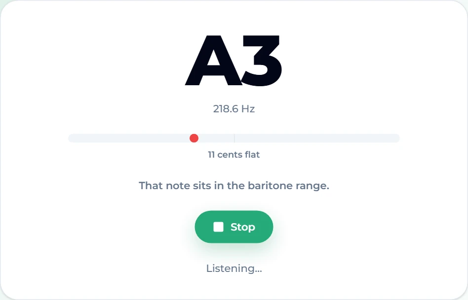 Voice tuner on Suno AI Music reading A3 at 218.6 Hz, 11 cents flat, with the line "That note sits in the baritone range."