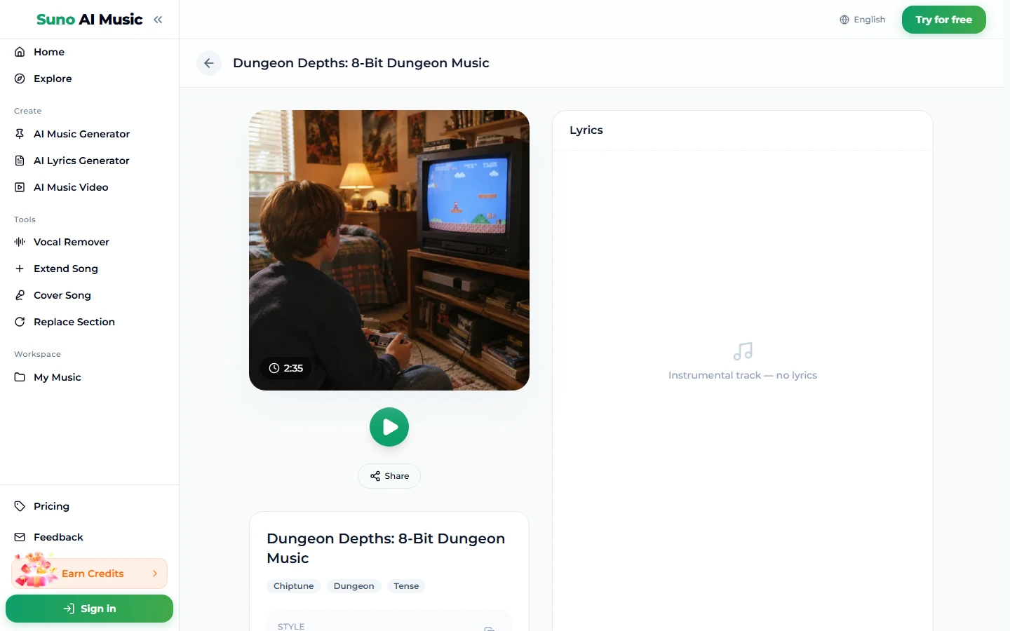 The song page for Dungeon Depths: 8-Bit Dungeon Music: a cover photo of a boy playing a retro console in front of a CRT television in a bedroom, a 2:35 badge, a green play button, a Share button, tags Chiptune, Dungeon and Tense, and a Lyrics panel reading Instrumental track, no lyrics