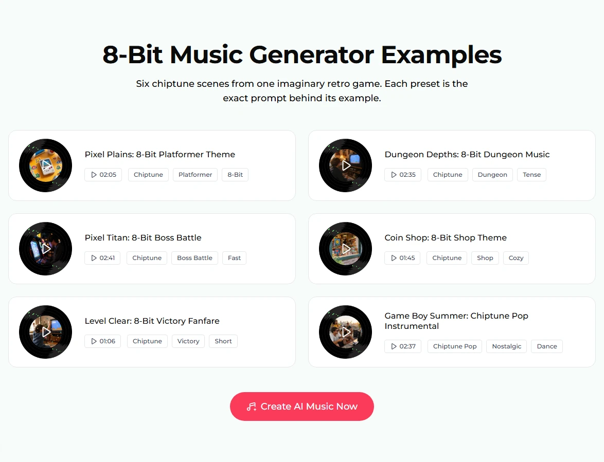 8-Bit Music Generator Examples: six cards, Pixel Plains platformer theme 02:05, Dungeon Depths 02:35, Pixel Titan boss battle 02:41, Coin Shop 01:45, Level Clear victory fanfare 01:06 and Game Boy Summer chiptune pop 02:37, each tagged Chiptune plus two scene tags