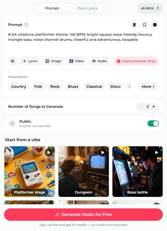 The 8-bit music generator as it opens: the Prompt tab with the chiptune platformer preset in the prompt box, Instrumental Only highlighted, Inspiration chips, Number of Songs to Generate at 2, the Public switch on, vibe tiles for Platformer stage, Dungeon and Boss battle, and the Generate Music for Free button with the note about 16 free credits