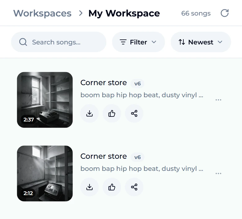 Two finished takes titled Corner store on v6 with the style boom bap hip hop beat, dusty vinyl, lasting 2:37 and 2:12