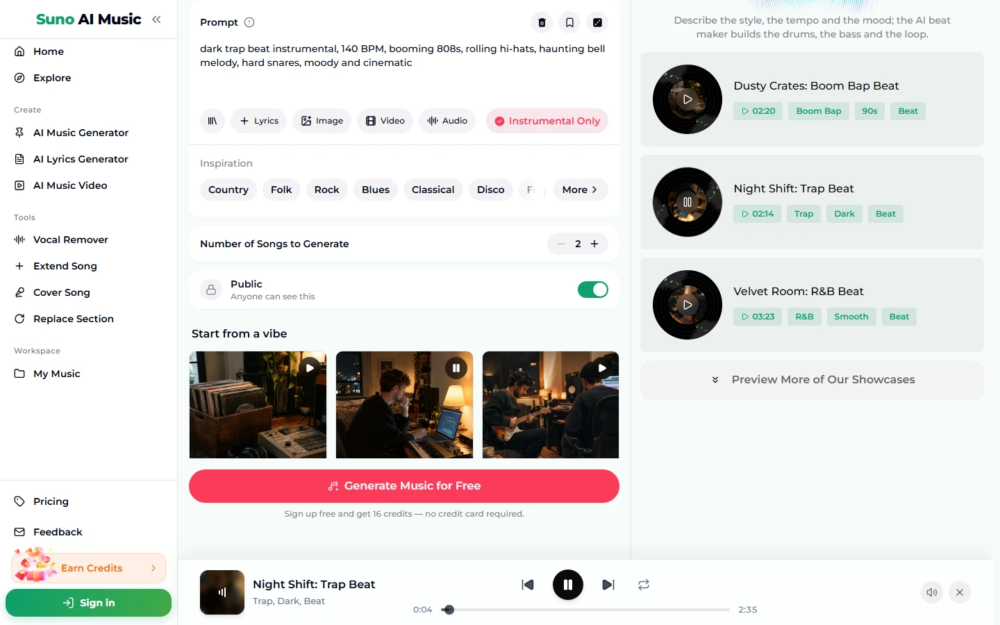 ダークなトラップのタイルをタップしたあと。入力欄には140 BPM のダークなトラップのプロンプト、2枚目のタイルには一時停止アイコン、右の列には Dusty Crates、Night Shift、Velvet Room が長さとタグ付きで並び、下のプレーヤーバーでは Night Shift: Trap Beat が再生中