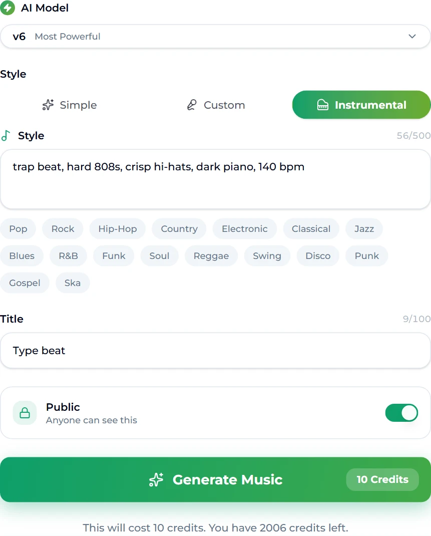 The rap beat maker with the Instrumental tab selected, the style trap beat, hard 808s, crisp hi-hats, dark piano, 140 bpm, the title Type beat, and a Generate Music button marked 10 Credits