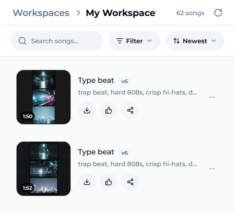 Two finished takes titled Type beat, both on v6 with the style trap beat, hard 808s, crisp hi-hats, lasting 1:50 and 1:52, each with download, like and share buttons