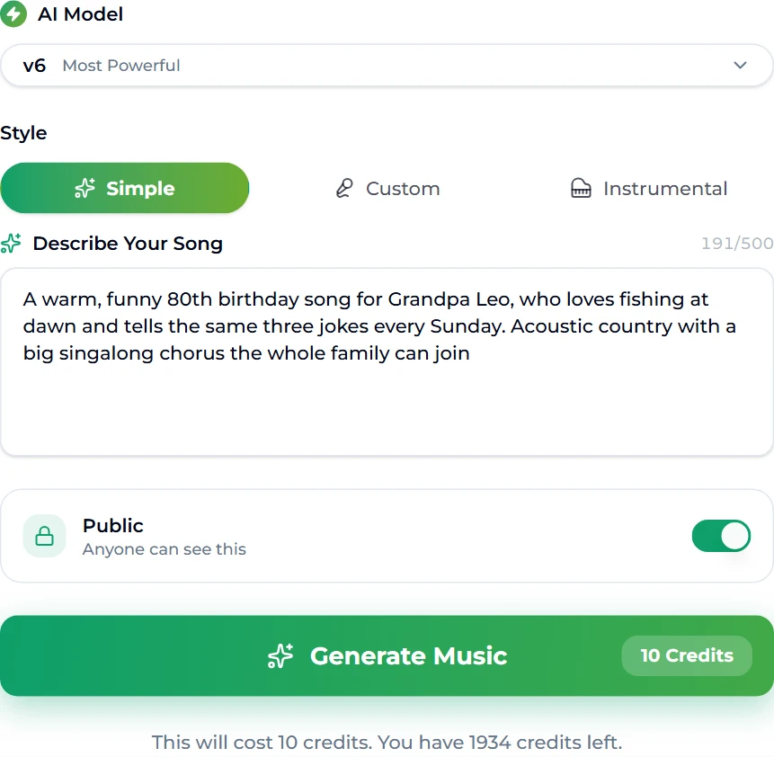 The AI birthday song generator in Simple mode with model v6, the description "A warm, funny 80th birthday song for Grandpa Leo, who loves fishing at dawn and tells the same three jokes every Sunday. Acoustic country with a big singalong chorus the whole family can join", Public on, and the 10-credit Generate Music button