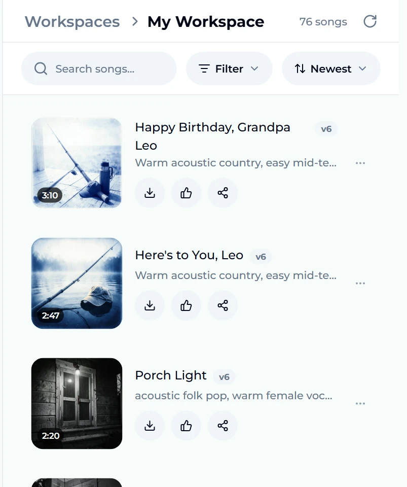 The Songs panel after the run: Happy Birthday, Grandpa Leo at 3:10 and Here's to You, Leo at 2:47, both v6, styled warm acoustic country, with fishing-rod cover art and download, like and share buttons