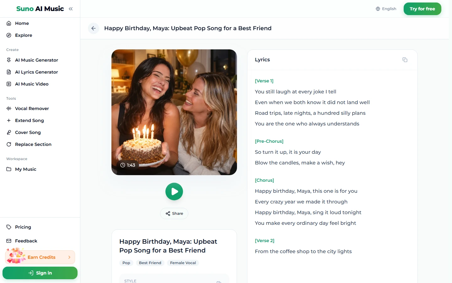 La pagina della canzone Happy Birthday, Maya: Upbeat Pop Song for a Best Friend, con una foto di copertina di due amiche che ridono davanti a una torta di compleanno, un badge 1:43, un pulsante di riproduzione, Condividi, i tag Pop, Best Friend e Female Vocal, e un pannello del testo che mostra Verse 1, Pre-Chorus e Chorus
