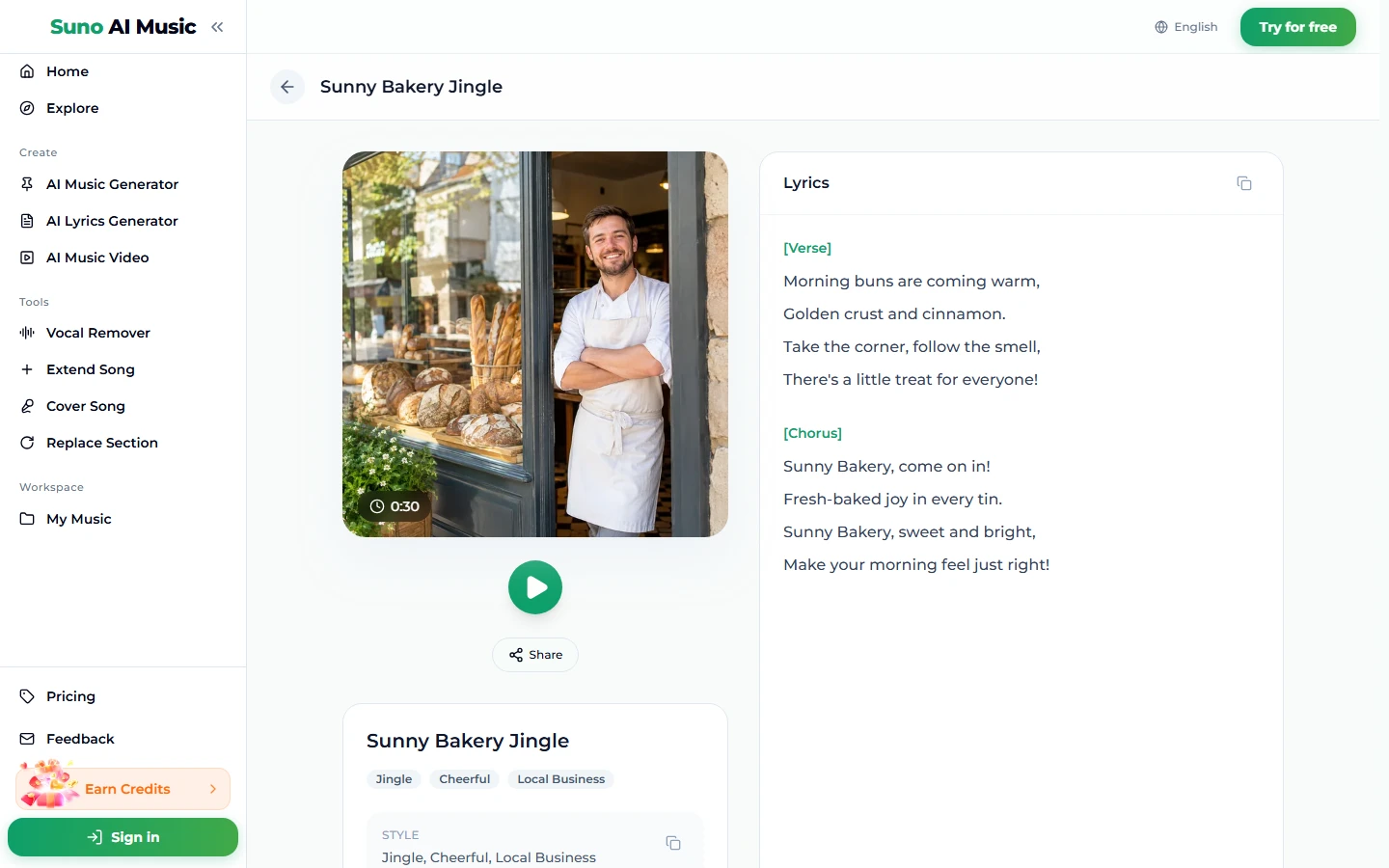 La página de la canción Sunny Bakery Jingle, con una foto de portada de un panadero sonriente en la puerta de una panadería, una etiqueta de 0:30, un botón de reproducir, Compartir, las etiquetas Jingle, Cheerful y Local Business, y un panel de Letra con una estrofa y un estribillo que canta Sunny Bakery