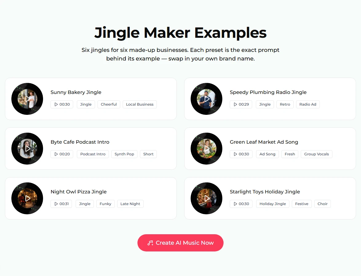 La sección de ejemplos del creador de jingles: Sunny Bakery Jingle 00:30, Speedy Plumbing Radio Jingle 00:29, Byte Cafe Podcast Intro 00:20, Green Leaf Market Ad Song 00:30, Night Owl Pizza Jingle 00:31 y Starlight Toys Holiday Jingle 00:30, cada uno en un disco de tocadiscos con etiquetas