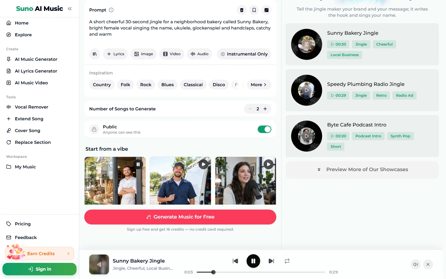 Después de tocar Jingle de panadería: el cuadro Prompt contiene el prompt de Sunny Bakery, la tarjeta muestra un icono de pausa, la lista de la derecha muestra Sunny Bakery Jingle 00:30, Speedy Plumbing Radio Jingle 00:29 y Byte Cafe Podcast Intro 00:20, y la barra del reproductor reproduce Sunny Bakery Jingle