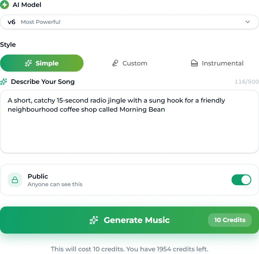 The jingle maker on Suno AI Music in Simple mode: model v6, the description "A short, catchy 15-second radio jingle with a sung hook for a friendly neighbourhood coffee shop called Morning Bean", Public on, and the Generate Music button showing 10 credits