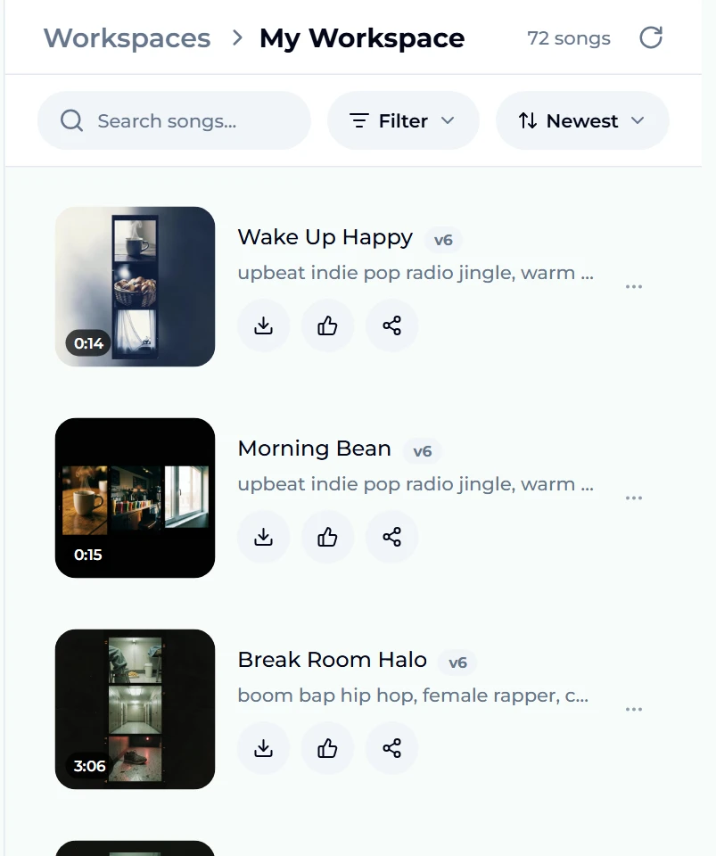 The Songs panel after the run: two new takes, Wake Up Happy at 0:14 and Morning Bean at 0:15, both on v6 and tagged upbeat indie pop radio jingle, each with download, like and share buttons