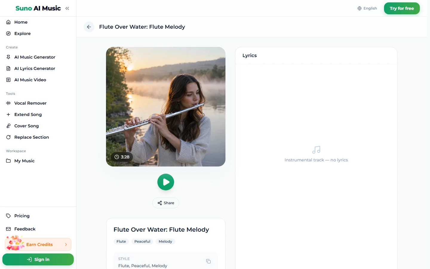 The song page for Flute Over Water: Flute Melody: a cover photo of a woman playing a silver flute by a misty river at sunrise with a 3:28 badge, a green play button, a Share button, tags Flute, Peaceful and Melody, and a Lyrics panel reading Instrumental track, no lyrics