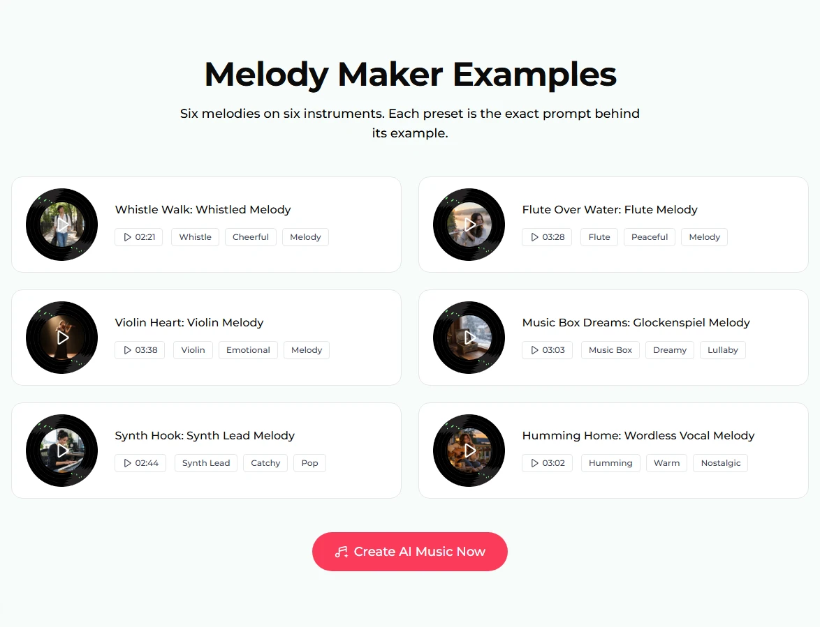 Melody Maker Examples: six cards, Whistle Walk 02:21, Flute Over Water 03:28, Violin Heart 03:38, Music Box Dreams 03:03, Synth Hook 02:44 and Humming Home 03:02, each with tags such as Whistle, Cheerful and Melody