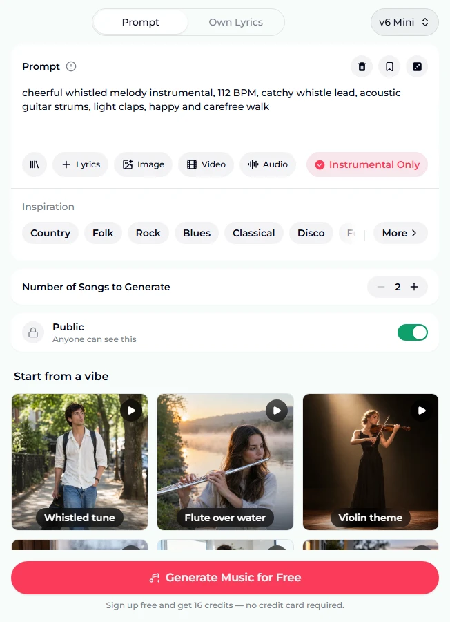 The melody maker as it opens: the Prompt tab with the whistled melody preset in the prompt box, Instrumental Only highlighted, Inspiration chips, Number of Songs to Generate at 2, the Public switch on, vibe tiles for Whistled tune, Flute over water and Violin theme, and the Generate Music for Free button with the note about 16 free credits