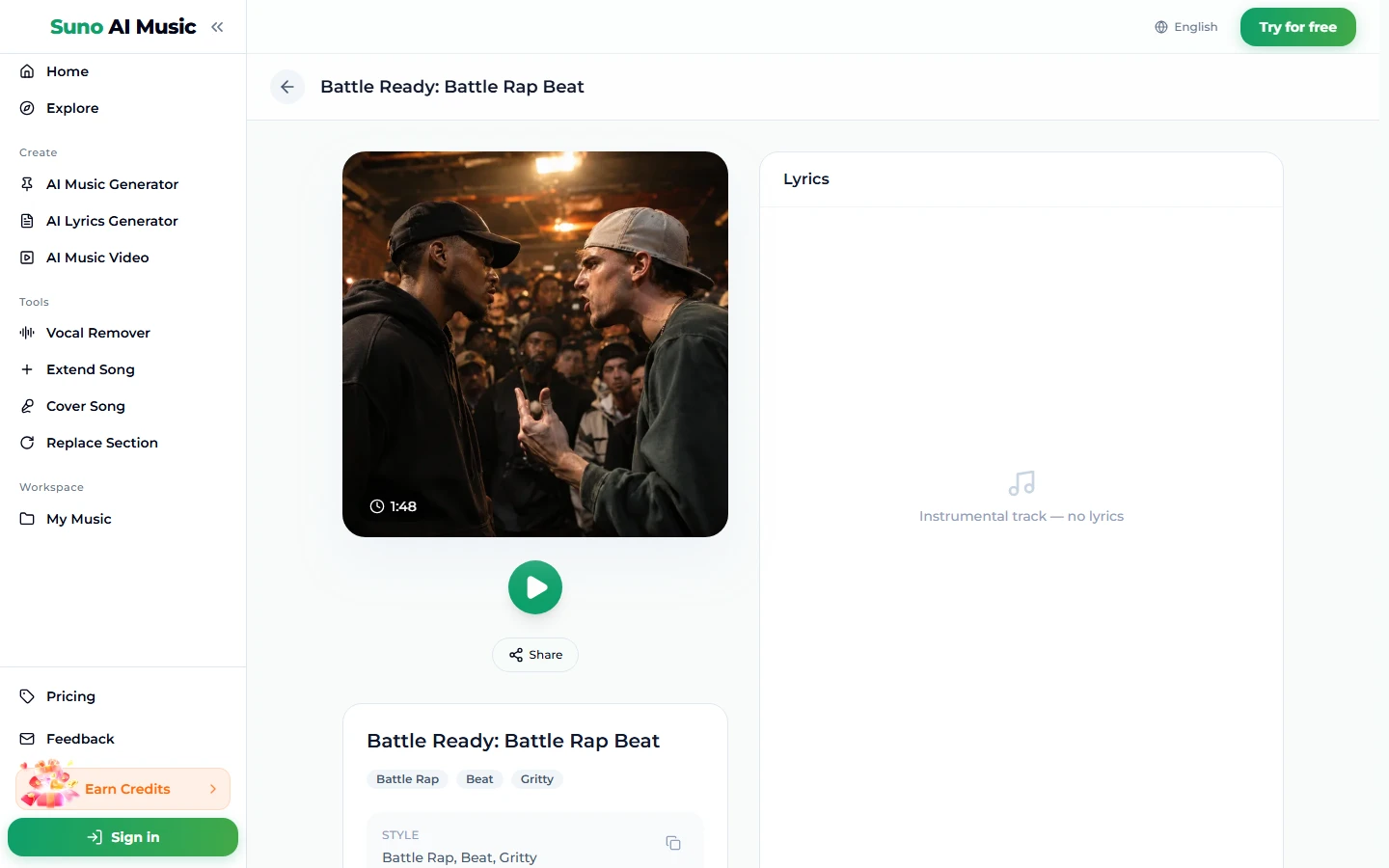 The song page for Battle Ready: Battle Rap Beat, with a photo of two rappers facing off in a crowded room, a 1:48 badge, a play button, Share, the tags Battle Rap, Beat and Gritty, and a lyrics panel reading Instrumental track, no lyrics
