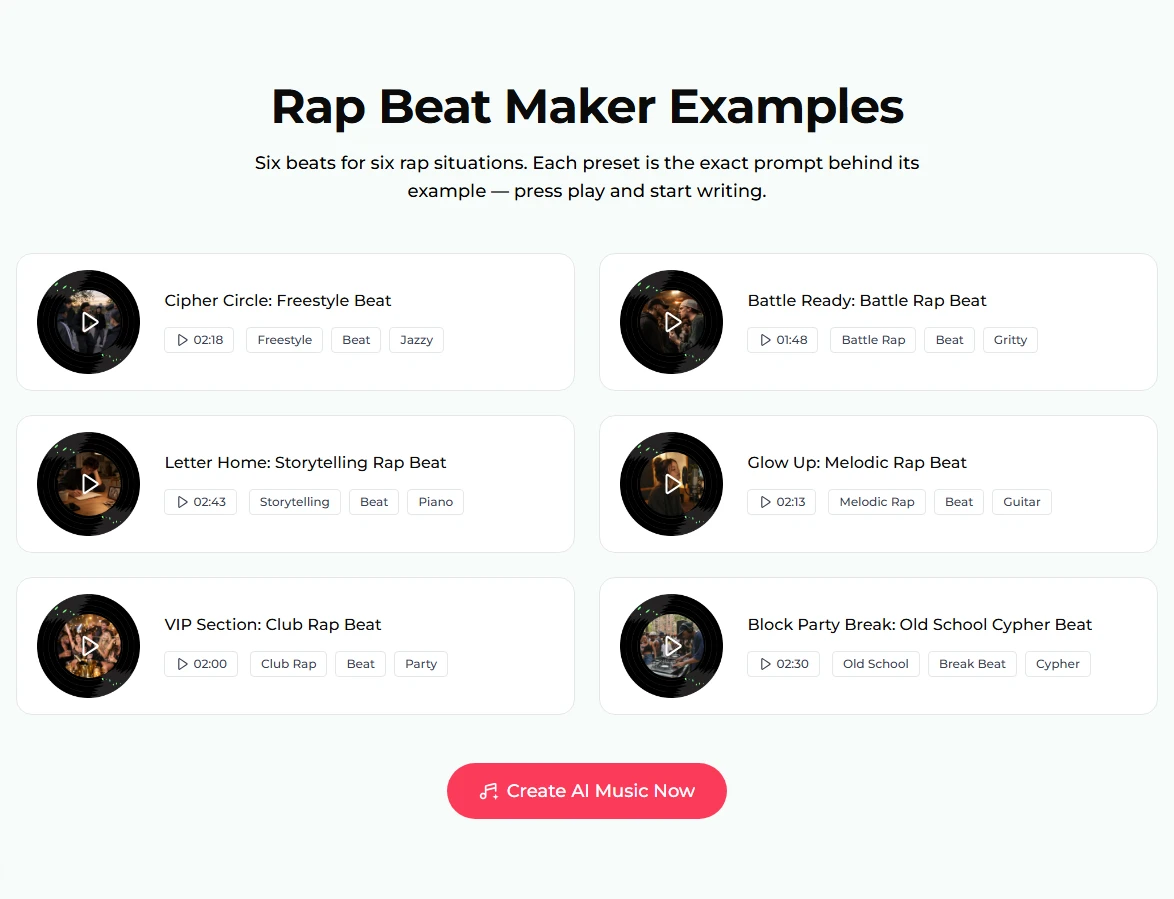 The Rap Beat Maker Examples section: Cipher Circle 02:18, Battle Ready 01:48, Letter Home 02:43, Glow Up 02:13, VIP Section 02:00 and Block Party Break 02:30, each with tags such as Freestyle, Battle Rap, Storytelling, Melodic Rap, Club Rap and Old School