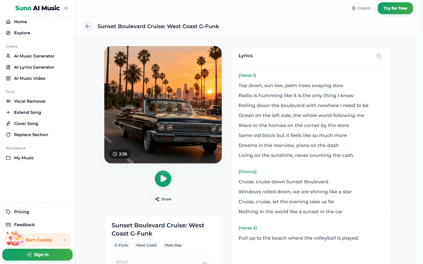 The song page for Sunset Boulevard Cruise: West Coast G-Funk, with a photo of a classic convertible on a palm-lined street at sunset, a 2:36 badge, a play button, Share, the tags G-Funk, West Coast and Male Rap, and the lyrics panel showing Verse 1 and the Chorus