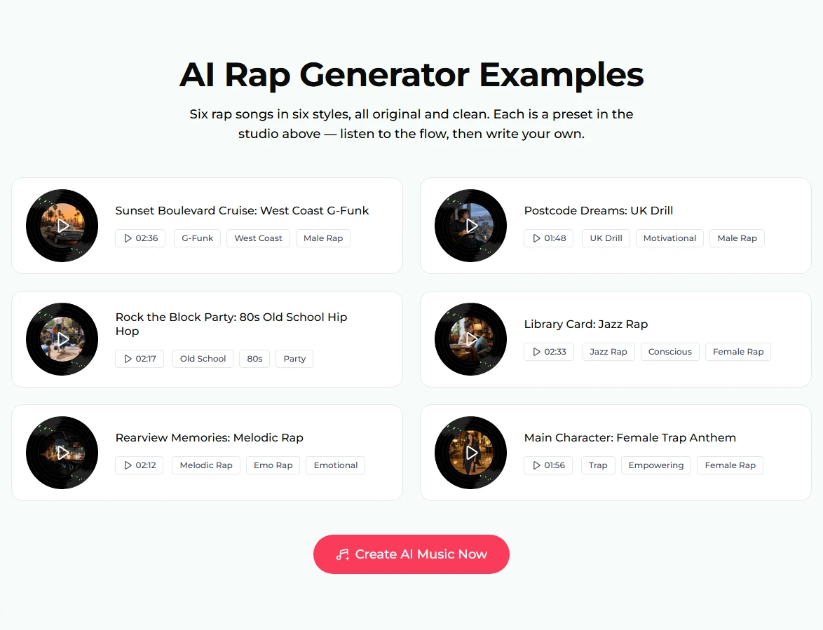 The AI Rap Generator Examples section with six songs: Sunset Boulevard Cruise 02:36, Postcode Dreams 01:48, Rock the Block Party 02:17, Library Card 02:33, Rearview Memories 02:12 and Main Character 01:56, each with sub-genre tags