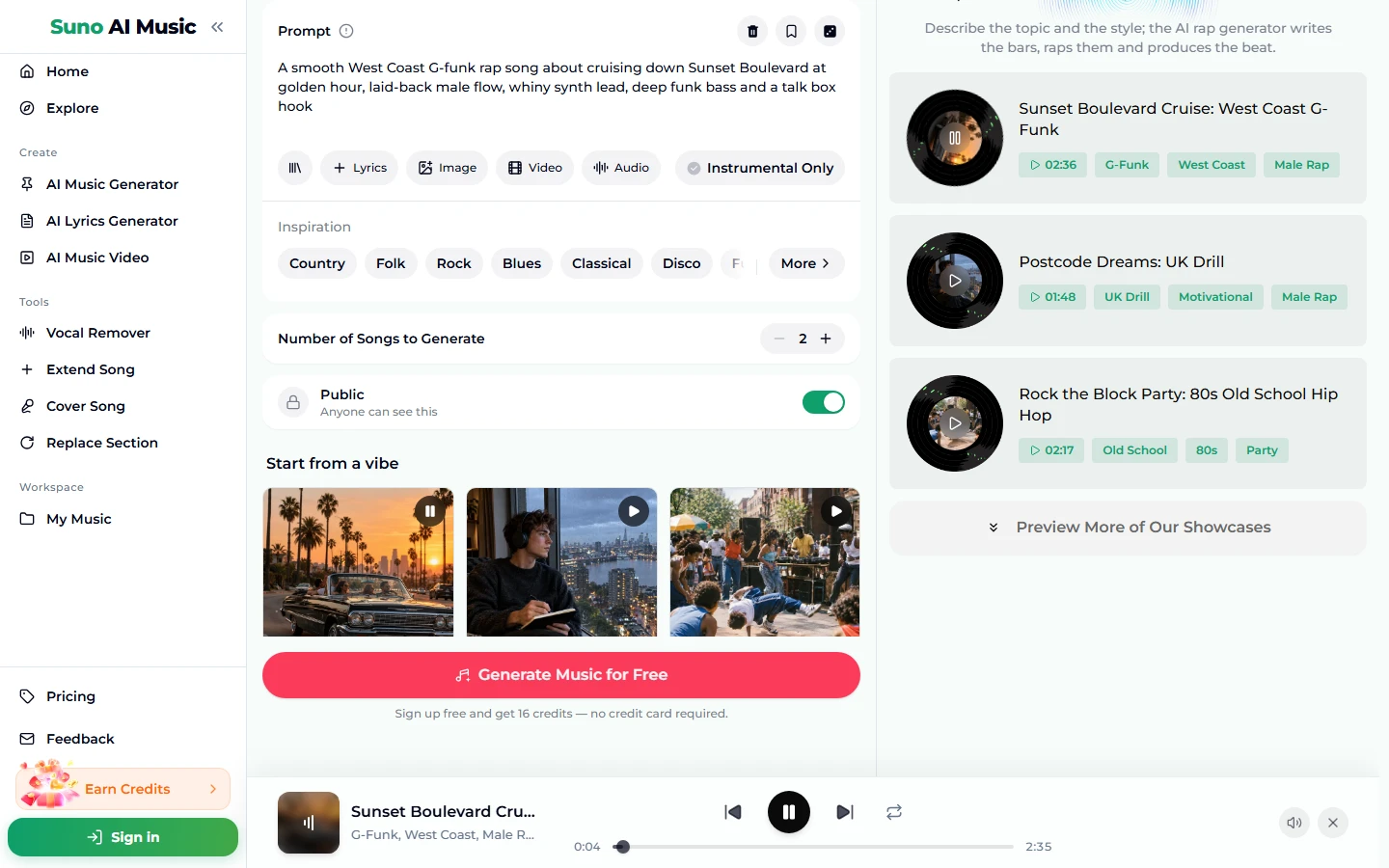 After tapping the West Coast G-funk tile: the tile shows a pause icon, the right column lists Sunset Boulevard Cruise 02:36, Postcode Dreams 01:48 and Rock the Block Party 02:17, and the player bar at the bottom plays Sunset Boulevard Cruise
