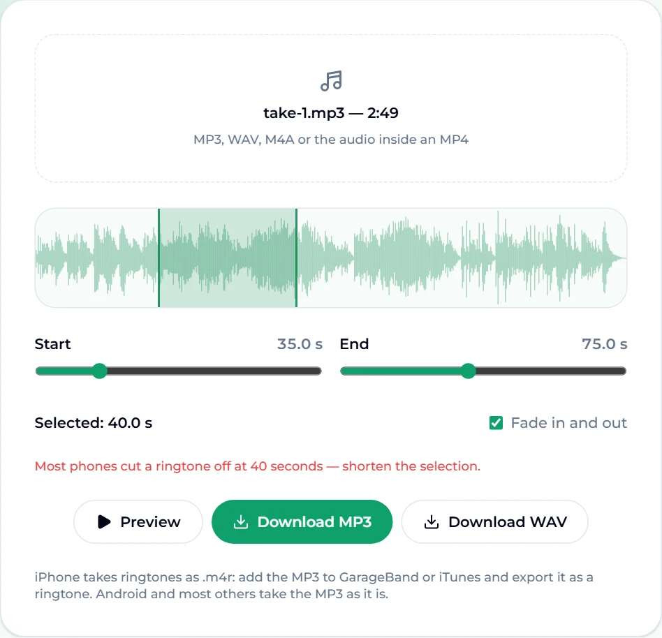 The ringtone maker with a 2:49 piano track loaded: End dragged to 75.0 s has pulled Start to 35.0 s, the readout says Selected 40.0 s, and a red warning reads Most phones cut a ringtone off at 40 seconds — shorten the selection