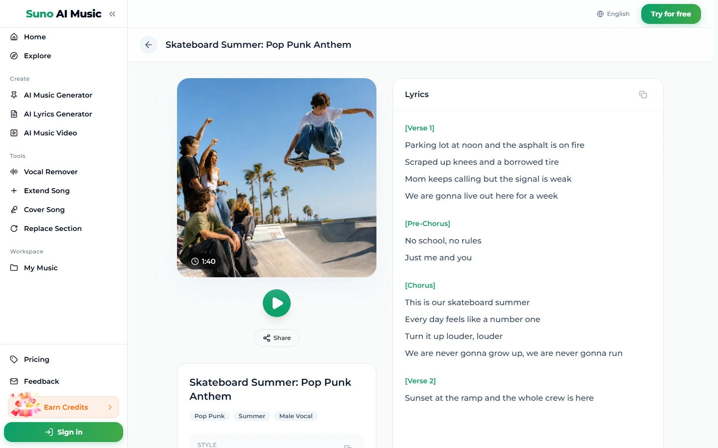 The Skateboard Summer: Pop Punk Anthem song page: a cover photo of teenagers cheering a skateboarder mid-jump at a sunny skatepark marked 1:40, a play button, Share, the tags Pop Punk, Summer and Male Vocal, and a Lyrics panel with Verse 1, a two-line Pre-Chorus and the Chorus