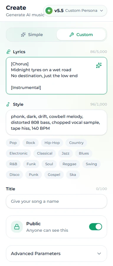 Custom mode on the Suno AI Music create page with a phonk style prompt and a short tagged lyric sheet