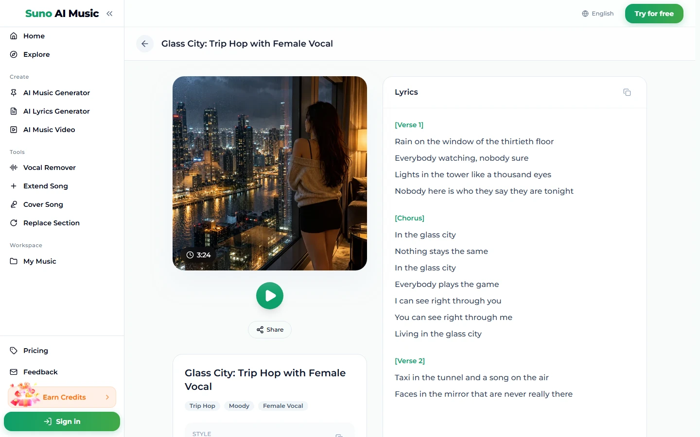 The song page for Glass City: Trip Hop with Female Vocal: a cover photo of a woman at a rainy high-rise window over a city at night marked 3:24, a play button, Share, the tags Trip Hop, Moody and Female Vocal, and a Lyrics panel with Verse 1 and the chorus In the glass city