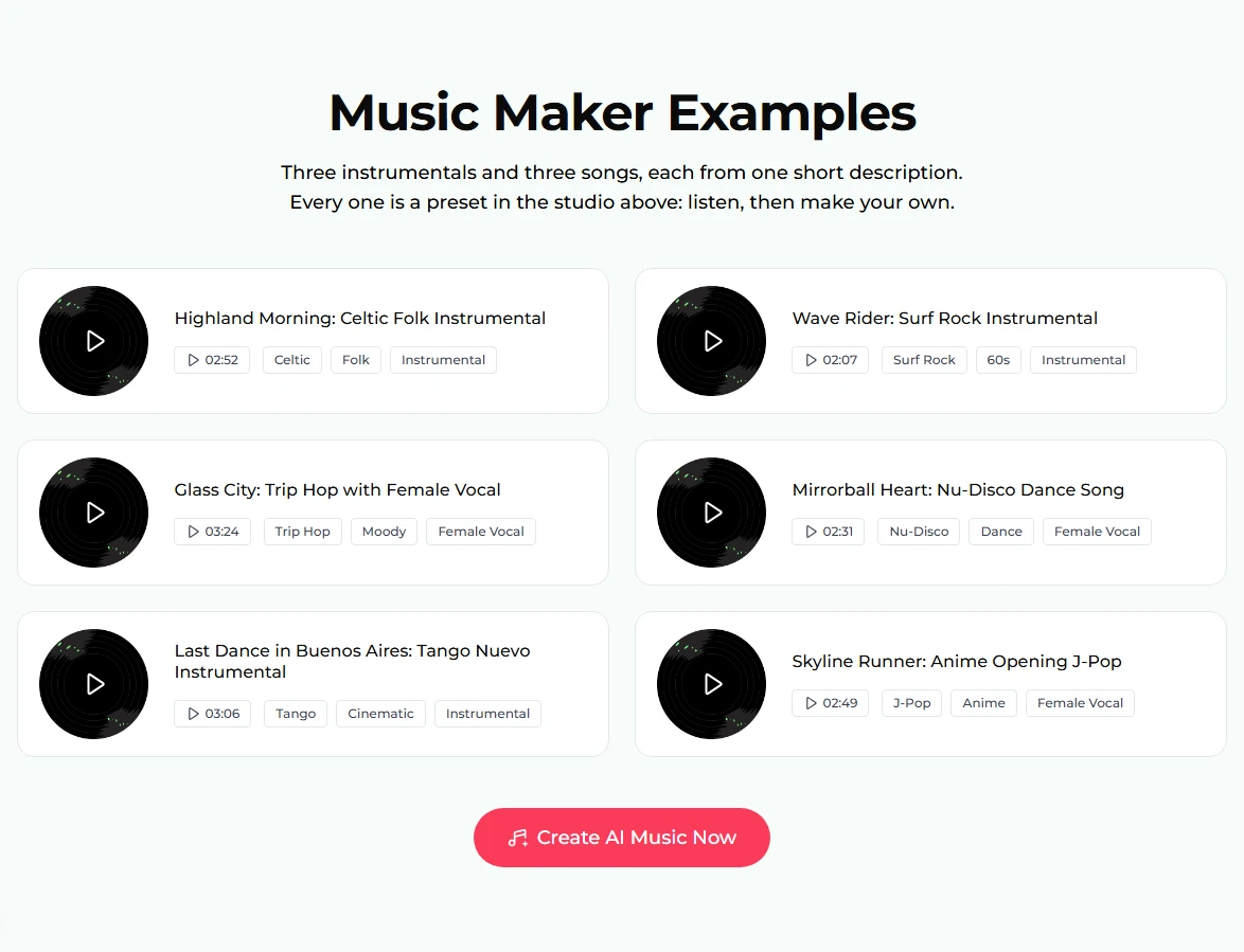 The Music Maker Examples section: six cards, Highland Morning: Celtic Folk Instrumental 02:52, Wave Rider: Surf Rock Instrumental 02:07, Glass City: Trip Hop with Female Vocal 03:24, Mirrorball Heart: Nu-Disco Dance Song 02:31, Last Dance in Buenos Aires: Tango Nuevo Instrumental 03:06 and Skyline Runner: Anime Opening J-Pop 02:49