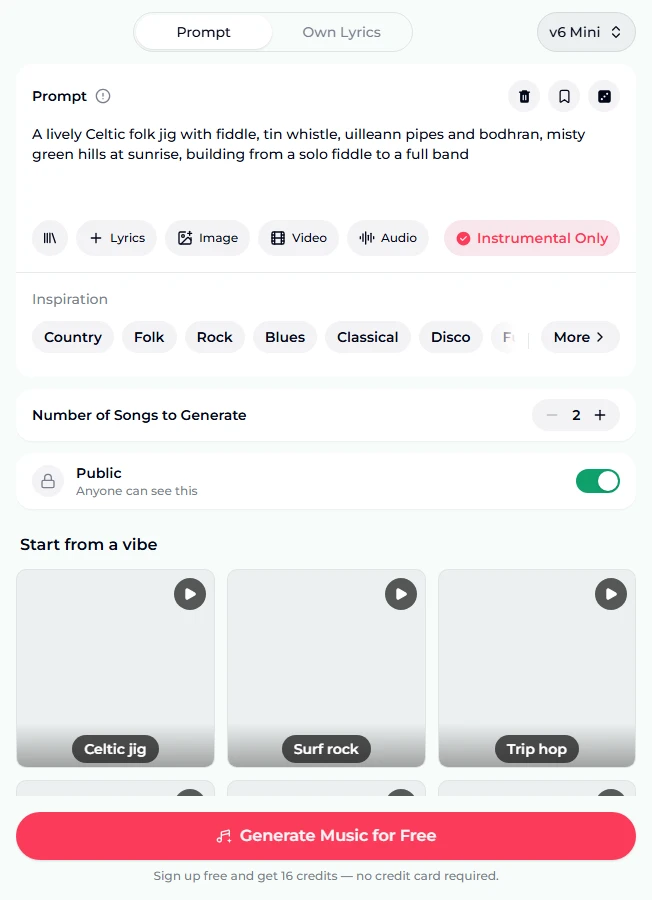 The music maker form as it opens: the Prompt tab, v6 Mini in the model picker, the Celtic folk jig prompt, Instrumental Only highlighted in red, the Inspiration chips Country, Folk, Rock, Blues, Classical and Disco with More, Number of Songs to Generate 2, the Public switch on, vibe tiles labelled Celtic jig, Surf rock and Trip hop, and the Generate Music for Free button