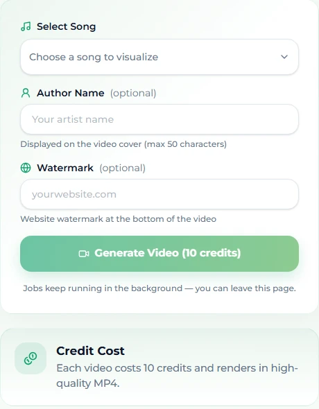 The music video generator form on Suno AI Music: song picker, optional author name and watermark, and the Generate Video (10 credits) button