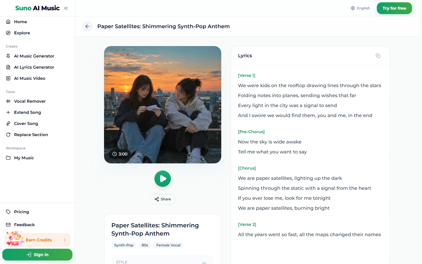 The song page for Paper Satellites: Shimmering Synth-Pop Anthem: a cover photo of two young women on a rooftop at sunset marked 3:00, a play button, Share, the tags Synth-Pop, 80s and Female Vocal, and a Lyrics panel with Verse 1, Pre-Chorus and the chorus We are paper satellites, lighting up the dark