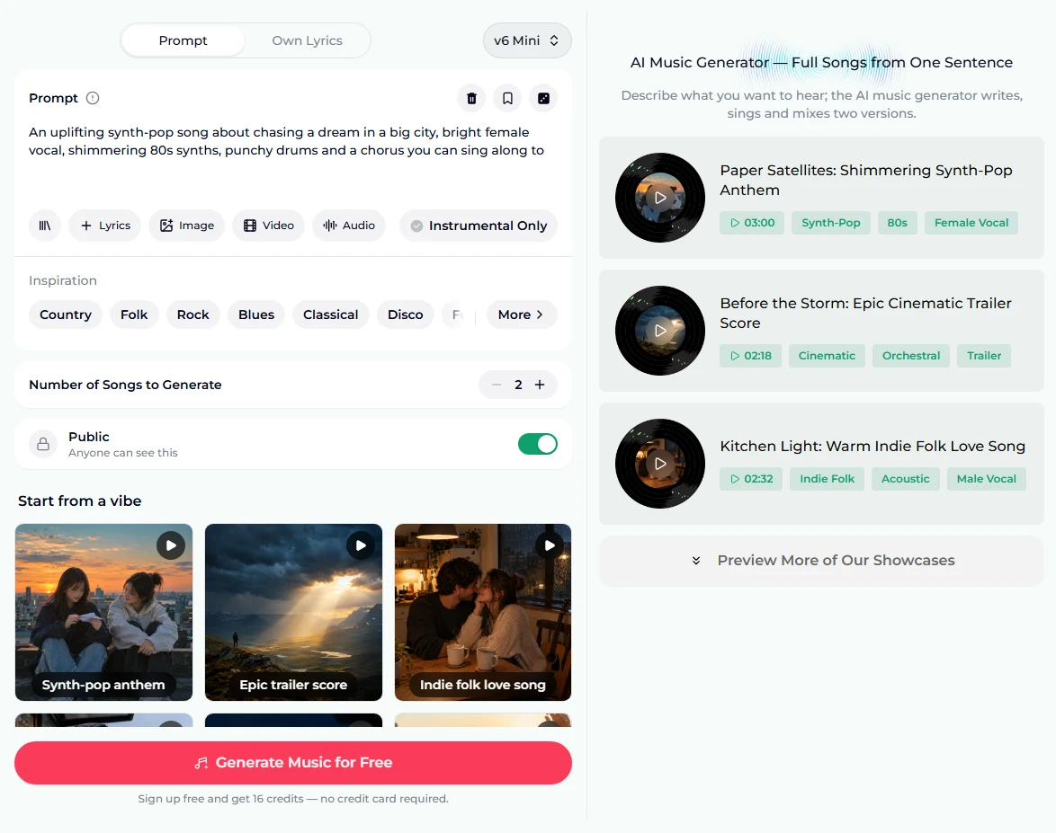 The generator with the right column showing the page heading AI Music Generator, Full Songs from One Sentence, and three example songs on turntable discs: Paper Satellites: Shimmering Synth-Pop Anthem 03:00, Before the Storm: Epic Cinematic Trailer Score 02:18 and Kitchen Light: Warm Indie Folk Love Song 02:32