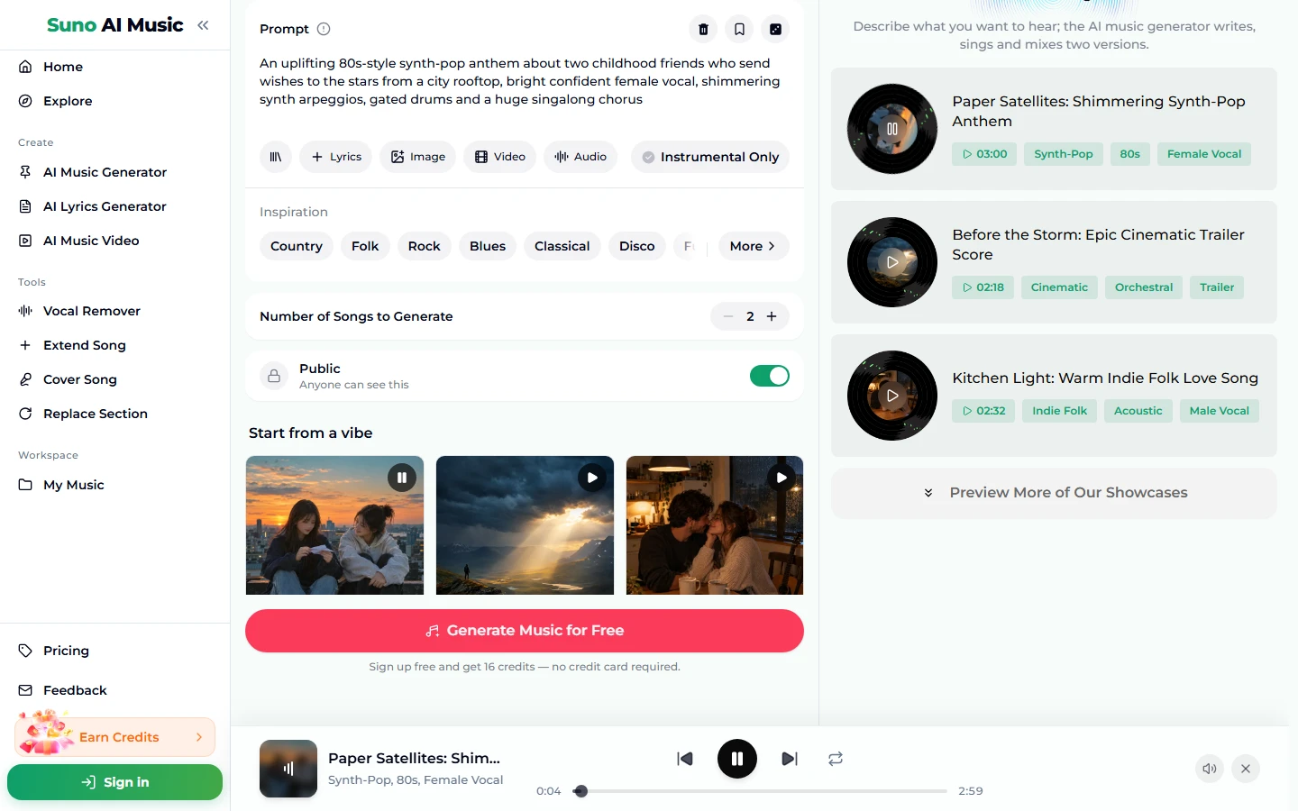 After tapping Synth-pop anthem: the Prompt box holds the 80s synth-pop anthem prompt about two childhood friends, the first tile shows a pause icon, the right column lists Paper Satellites 03:00, Before the Storm 02:18 and Kitchen Light 02:32 with their tags, and the player bar plays Paper Satellites