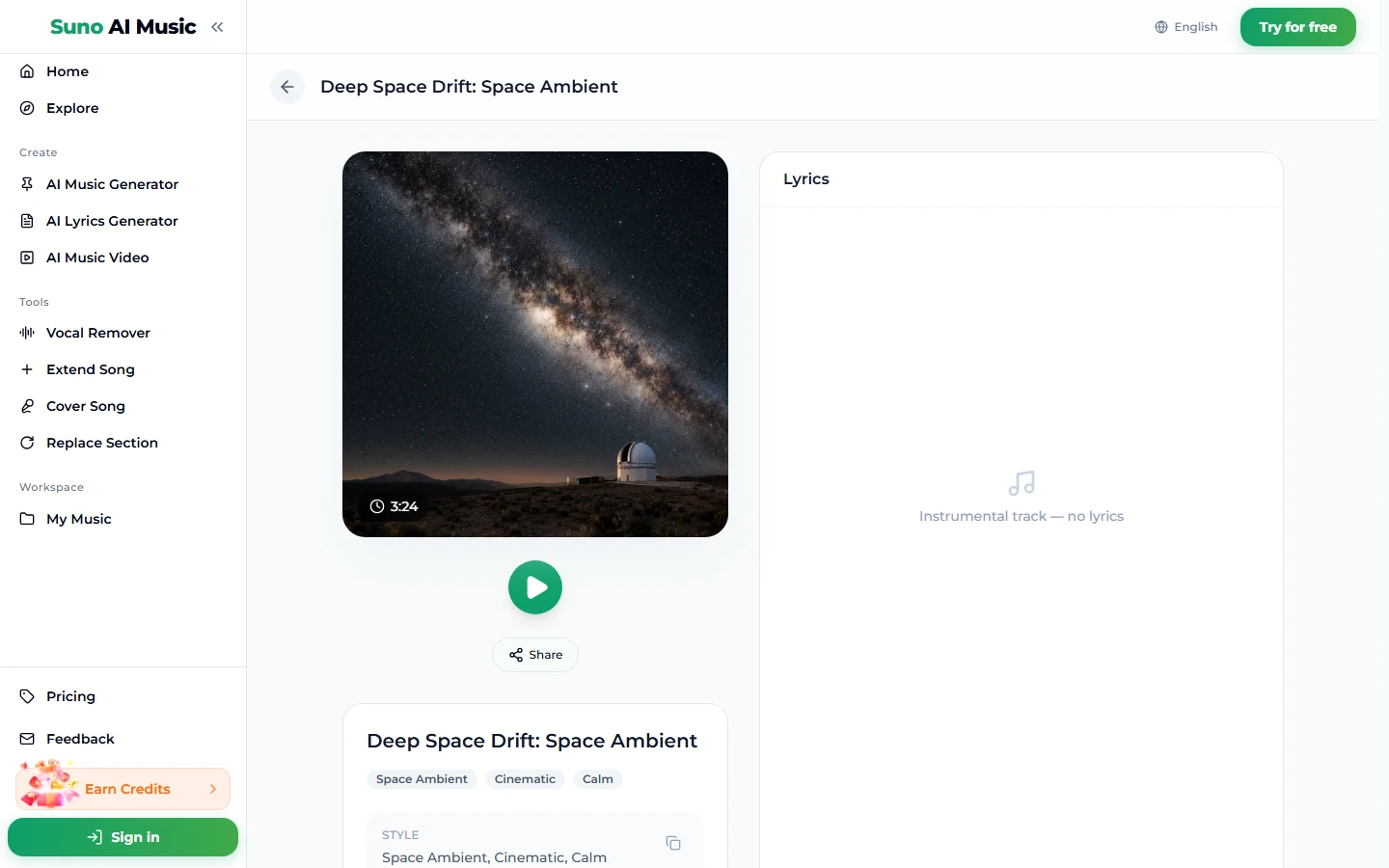 The song page for Deep Space Drift: Space Ambient, with a Milky Way cover photo over an observatory marked 3:24, a play button, a Share button, the tags Space Ambient, Cinematic and Calm, and a lyrics panel reading Instrumental track, no lyrics