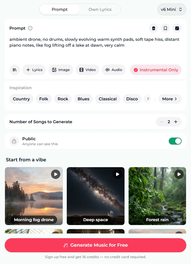 The AI ambient generator form on the Prompt tab, with the preset prompt ambient drone, no drums, slowly evolving warm synth pads, soft tape hiss, distant piano notes, like fog lifting off a lake at dawn, very calm; the Instrumental Only chip highlighted as on, Number of Songs to Generate set to 2, the Public switch on, the Morning fog drone, Deep space and Forest rain vibe tiles and a Generate Music for Free button