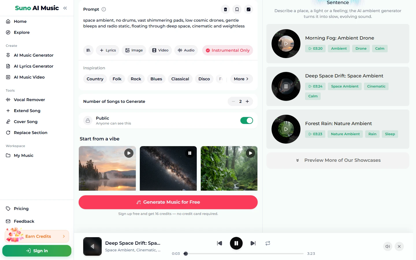After tapping the Deep space tile: the Prompt box now holds the space ambient prompt about vast shimmering pads and low cosmic drones, Instrumental Only is still on, the tile shows a pause icon, the example list on the right shows Morning Fog, Deep Space Drift and Forest Rain, and the player bar plays Deep Space Drift: Space Ambient