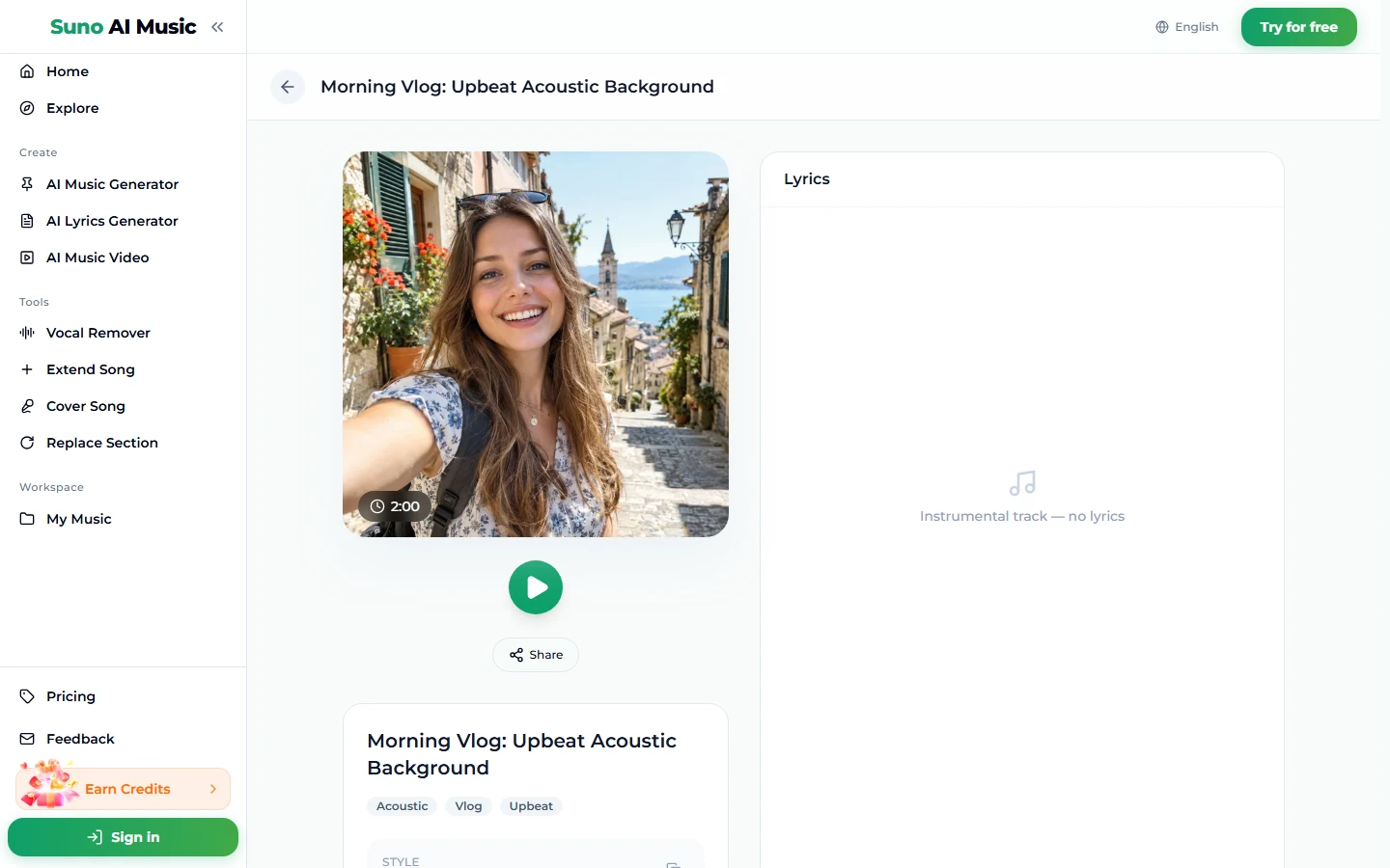 The song page for Morning Vlog: Upbeat Acoustic Background, with a selfie photo of a smiling woman on a sunny old-town street by the sea, a 2:00 badge, a play button, Share, the tags Acoustic, Vlog and Upbeat, and a lyrics panel reading Instrumental track, no lyrics