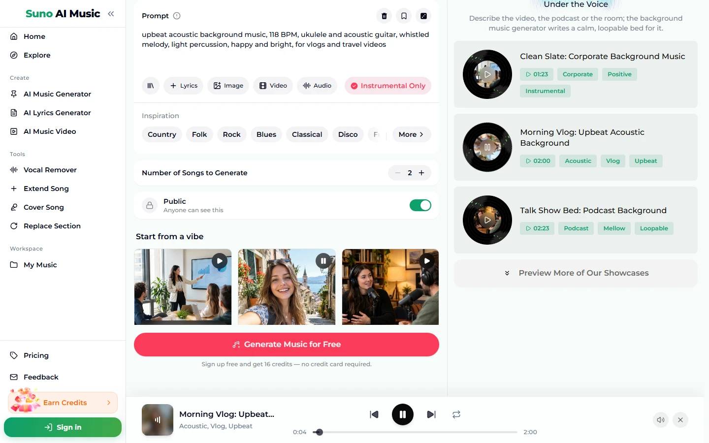 After tapping the Travel vlog tile: the tile shows a pause icon, the right column lists Clean Slate 01:23, Morning Vlog 02:00 and Talk Show Bed 02:23 with their tags, and the player bar at the bottom plays Morning Vlog: Upbeat Acoustic Background